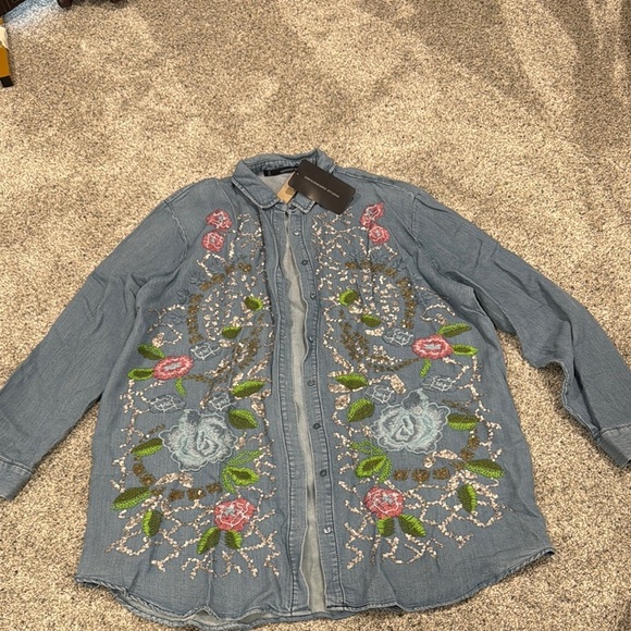Embroidered Denim Shirt with Floral Design - Picture 1 of 7
